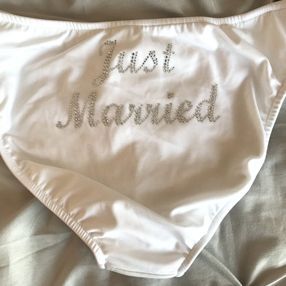 Just Married White Rhinestone Bikini Bottoms